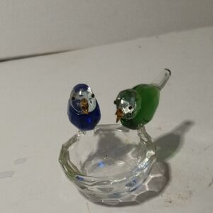 Swarovski Blue and Green Glass Bird Feeder Pair Vintage